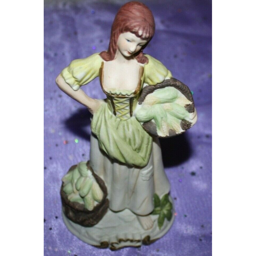 Vintage Ceramic Farm Girl Holding Corn Basket Figurine 8 1/2" GUC